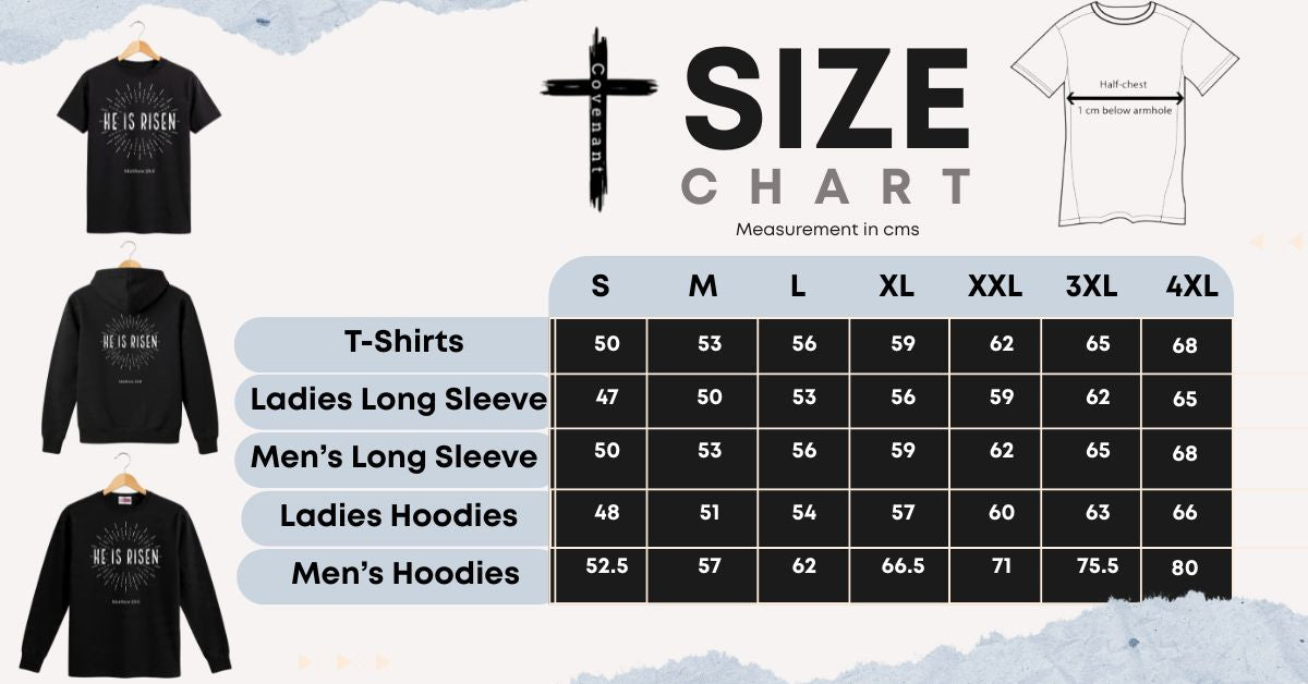 Size chart for clothing with black t-shirts, hoodies, and long-sleeve shirts displayed against a snowy background.
